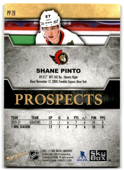 2021-22 Skybox Metal Universe Premium Prospects Shane Pinto Rookie Ottawa