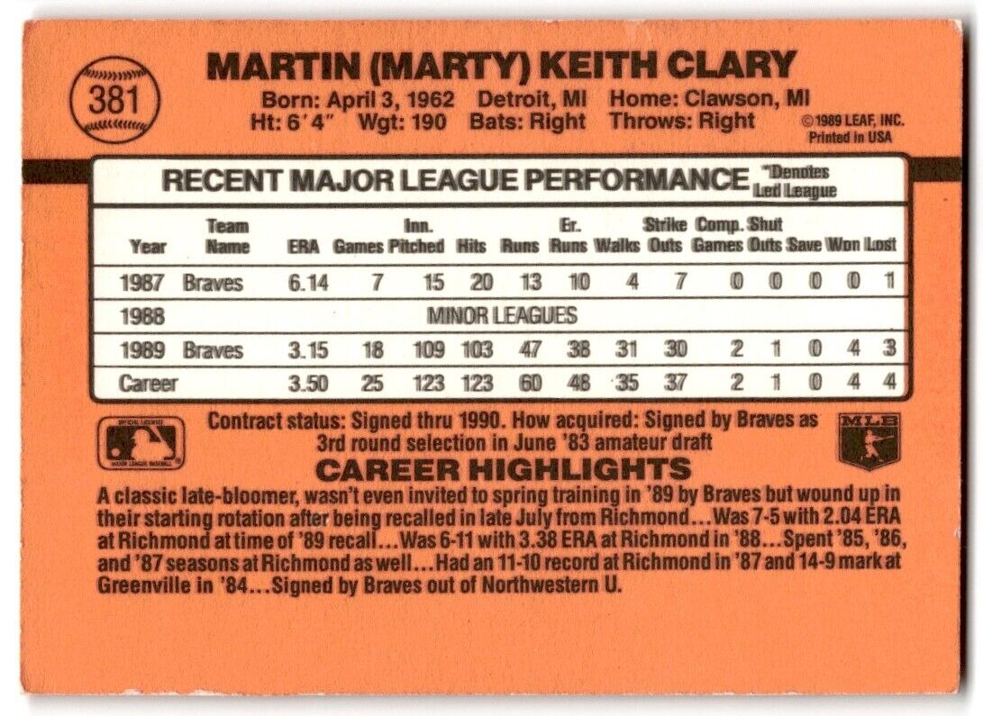 1990 Donruss Marty Clary Atlanta Braves #381