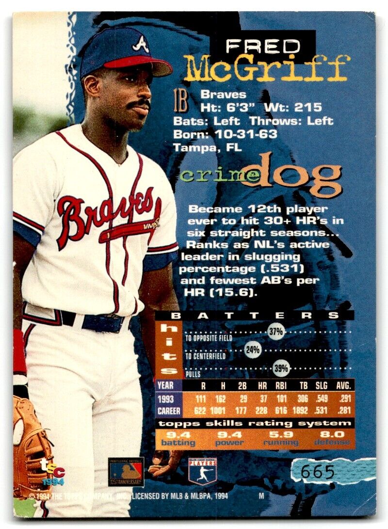 1994 Stadium Club Fred McGriff Atlanta Braves #665