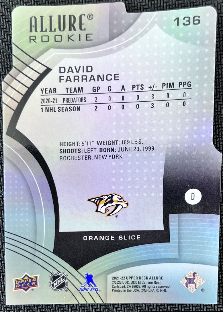 2022-23 Upper Deck Orange Slice Die David Farrance Rookie Nashville Predators