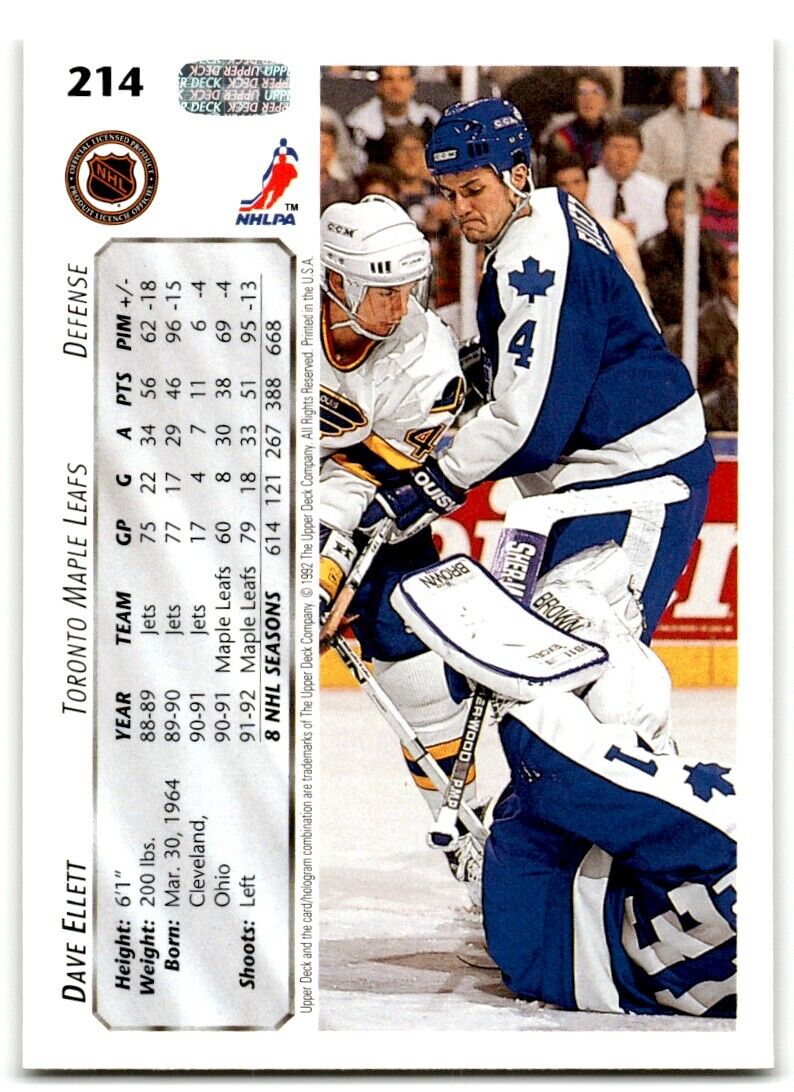 1992-93 Upper Deck Dave Ellett Toronto Maple Leafs #214