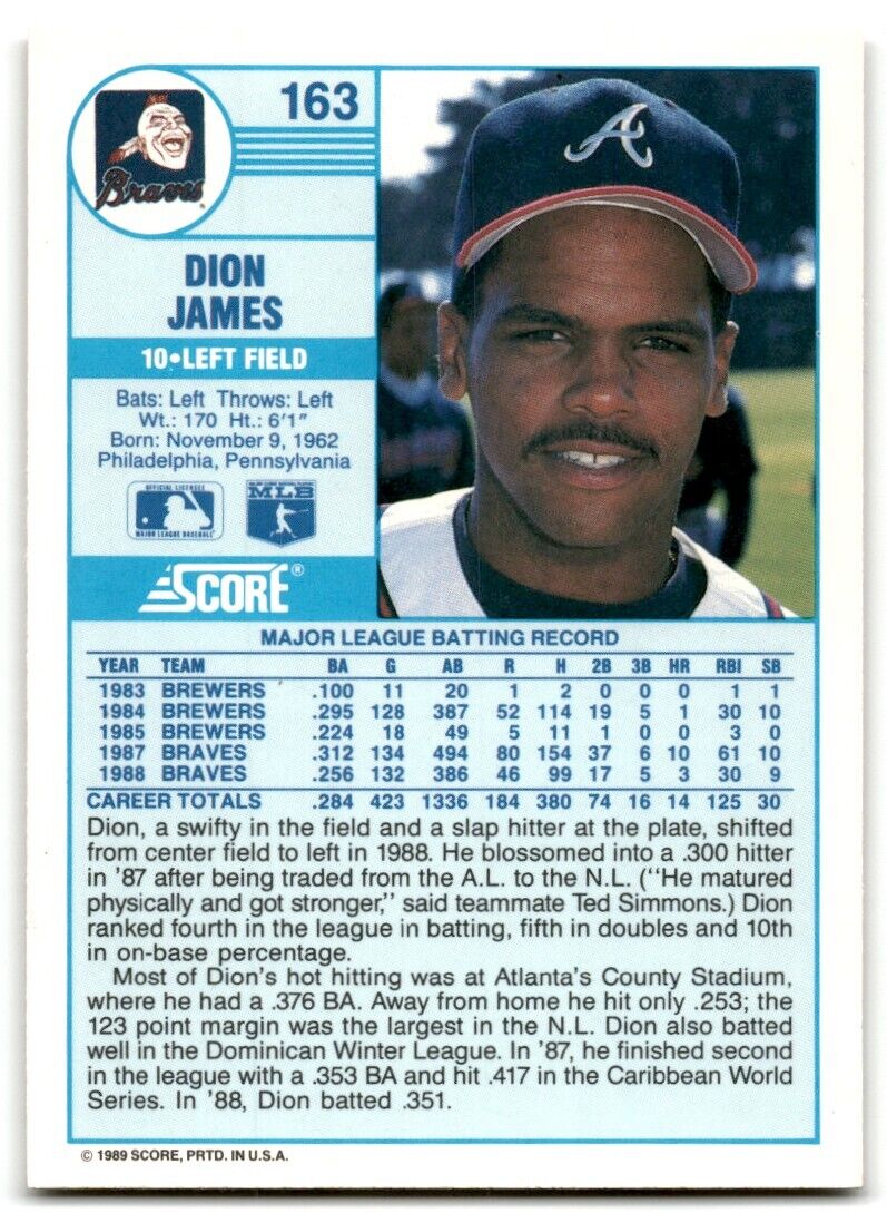 1989 Score Dion James Atlanta Braves #163