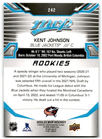 2022-23 Upper Deck MVP Kent Johnson Rookie Columbus Blue Jackets #242