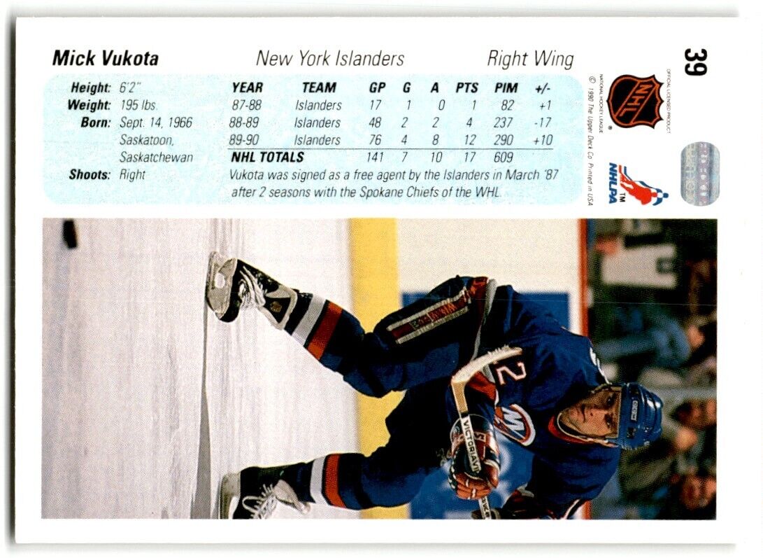 1990-91 Upper Deck Mick Vukota New York Islanders #39