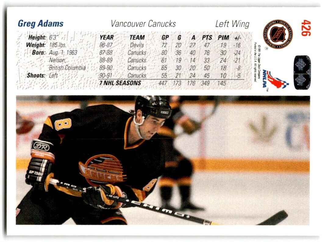 1991-92 Upper Deck Greg Adams Vancouver Canucks #426