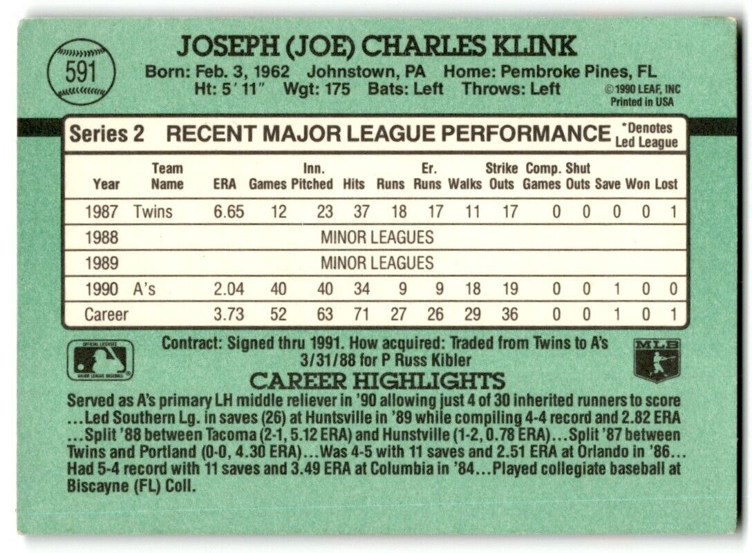 1991 Donruss Joe Klink Oakland Athletics #591