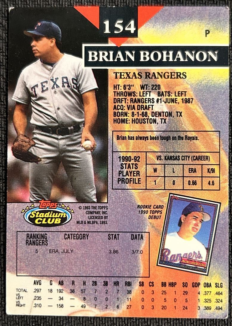 1993 Topps Stadium Club Brian Bohanon Texas Rangers #154