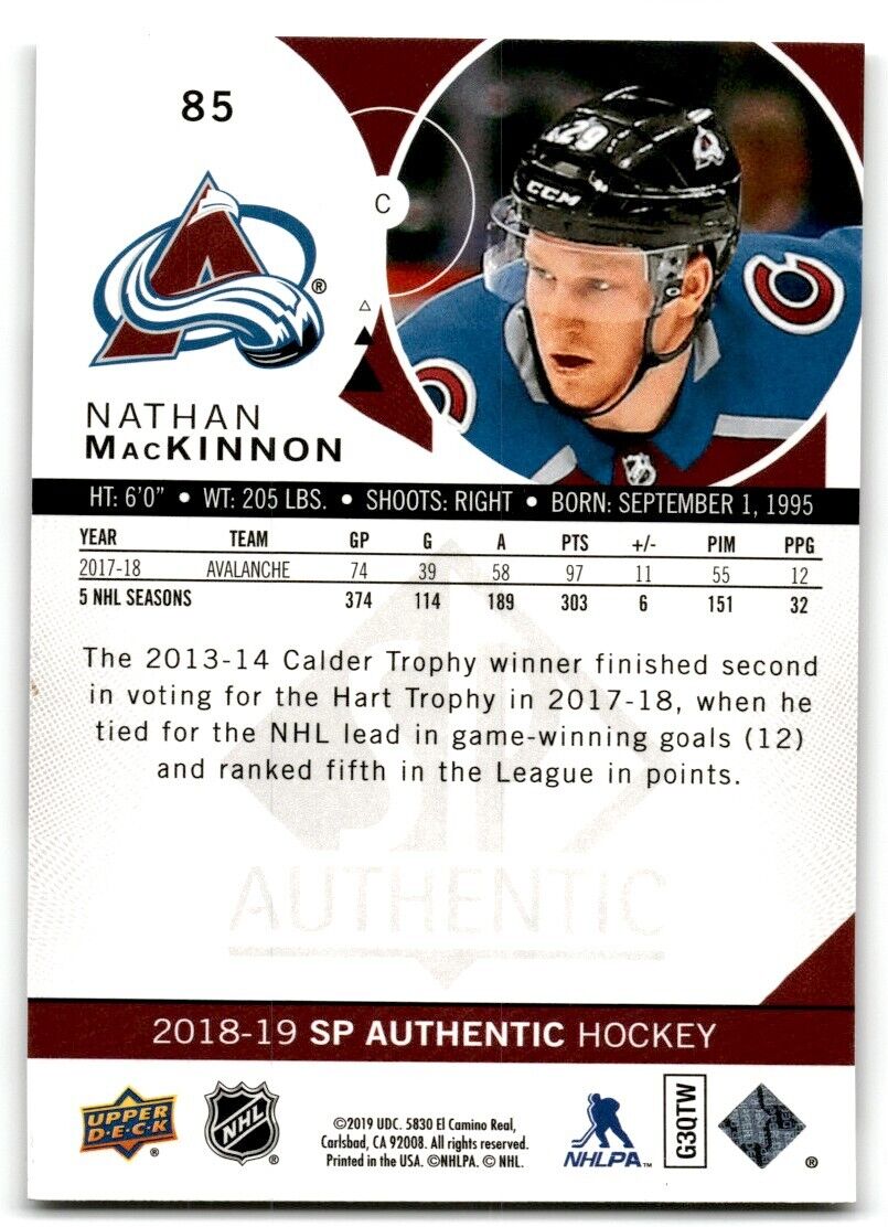 2018-19 SP Authentic Nathan MacKinnon Colorado Avalanche #85