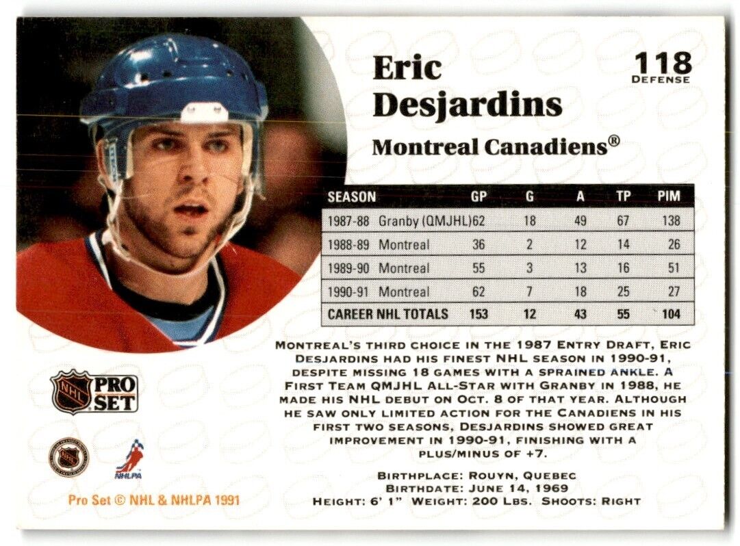 1991-92 Pro Set Eric Desjardins Montreal Canadiens #118