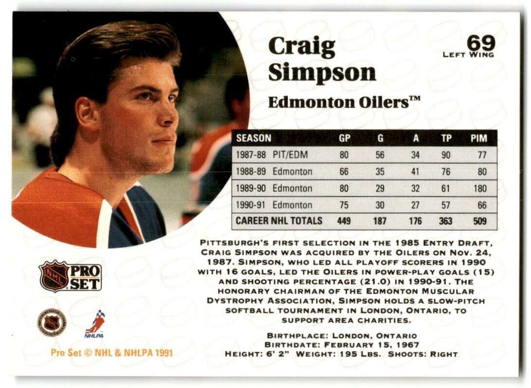 1991-92 Pro Set Craig Simpson Edmonton Oilers #69