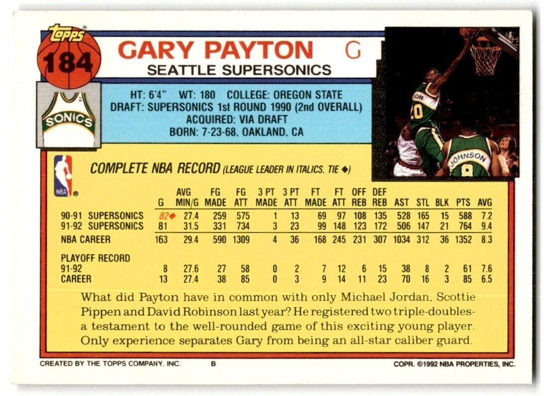 1992-93 Topps Gary Payton Seattle SuperSonics #184