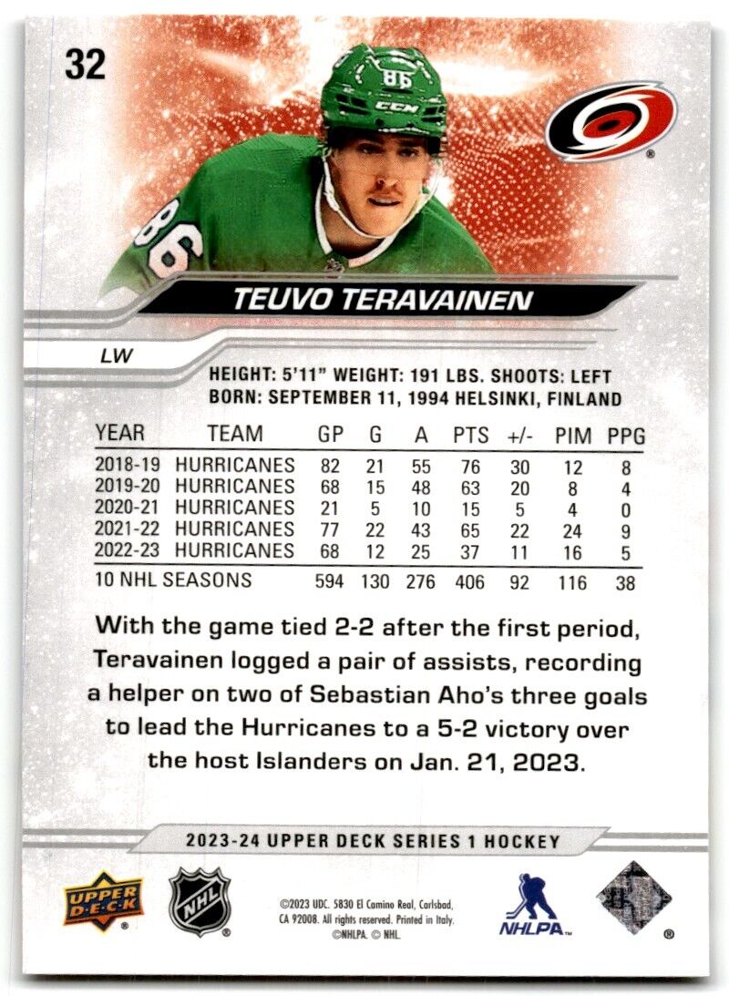 2023-24 Upper Deck Teuvo Teravainen Carolina Hurricanes #32