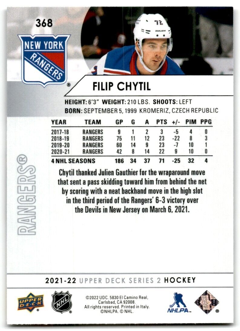 2021-22 Upper Deck Filip Chytil New York Rangers #368