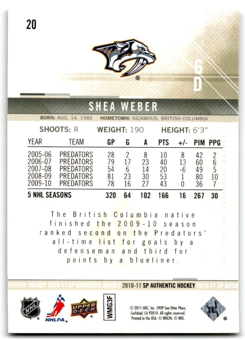 2010-11 SP Authentic Shea Weber Nashville Predators #20