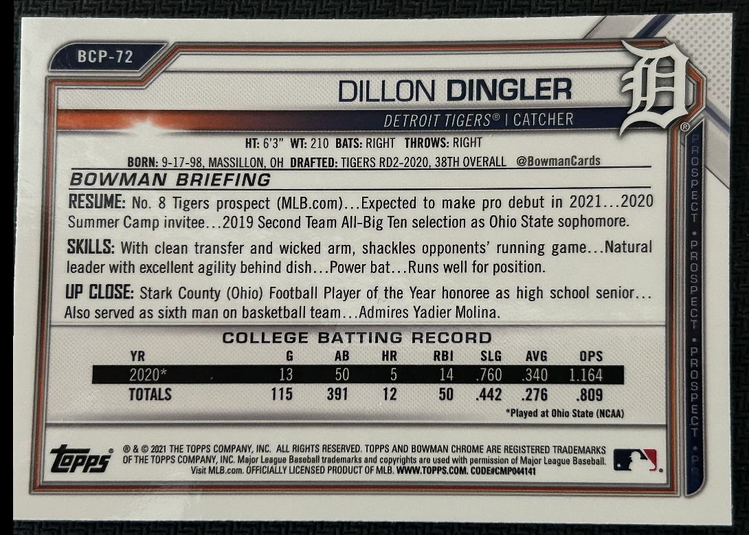 2021 Bowman Chrome Prospects Dillon Dingler Detroit Tigers #BCP-72