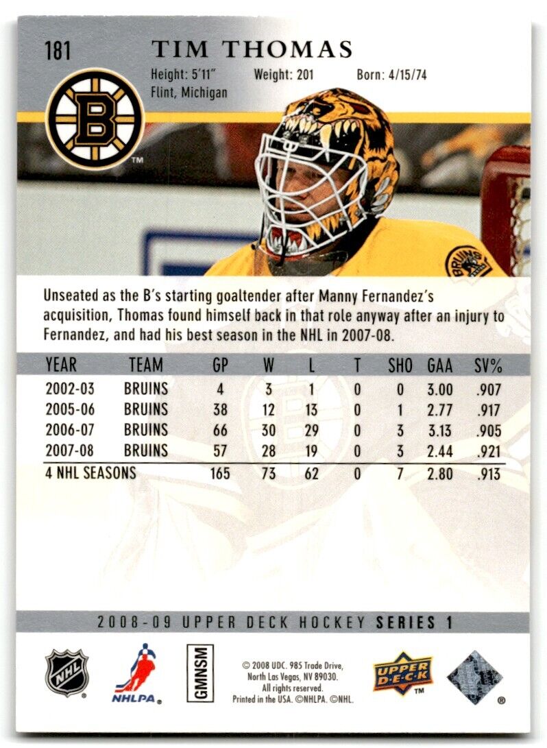 2008-09 Upper Deck Tim Thomas Boston Bruins #181