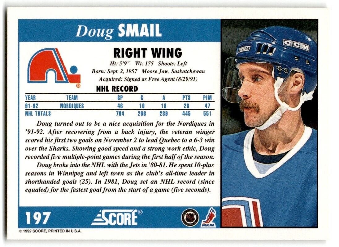 1992-93 Score Doug Smail Quebec Nordiques #197