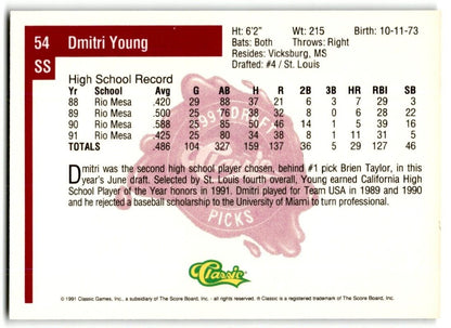 1991 Classic Draft Picks Dmitri Young St. Louis Cardinals #4