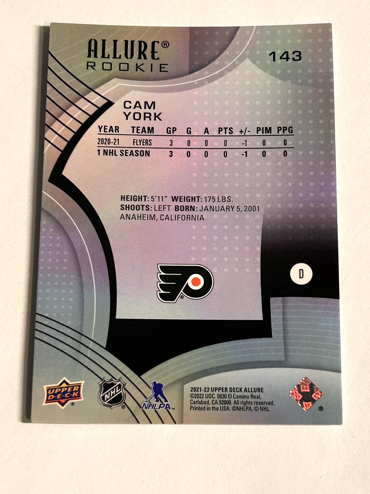 2021-22 Upper Deck Allure - Rookie #143 - Cam York - Philadelphia Flyers