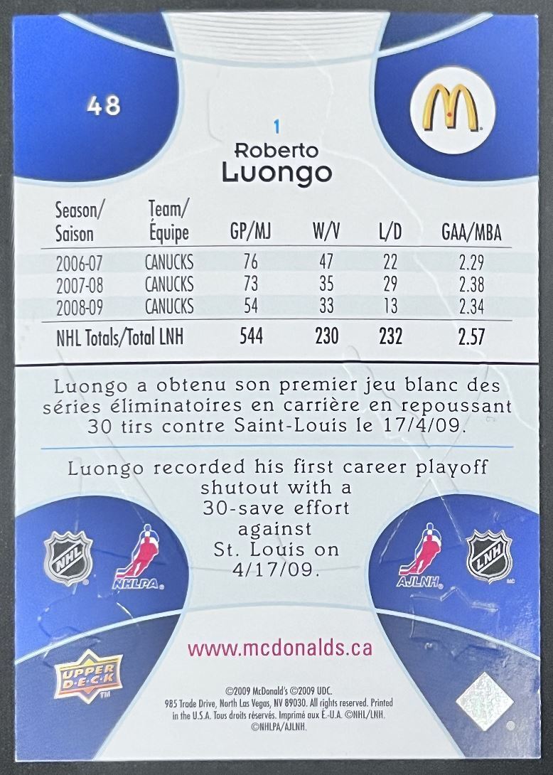 2009-10 Upper Deck McDonald's Roberto Luongo Vancouver Canucks #48