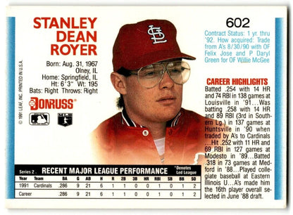 1992 Donruss Stan Royer St. Louis Cardinals #602