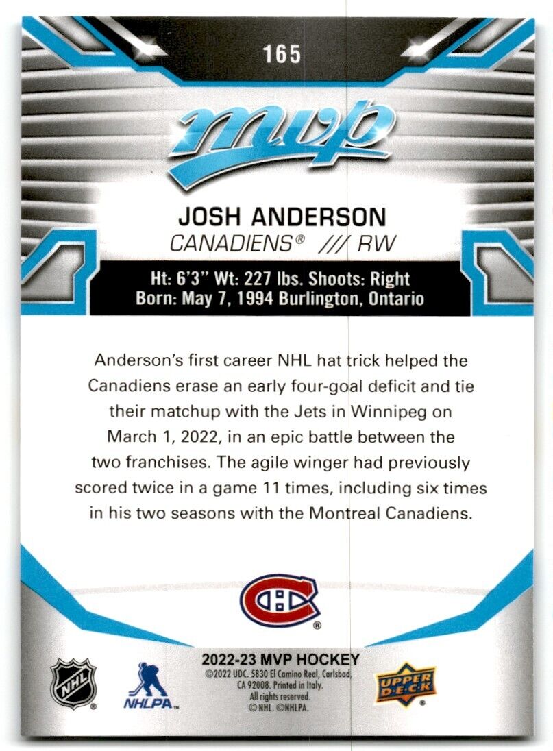 2022-23 Upper Deck MVP Josh Anderson Montreal Canadiens #165