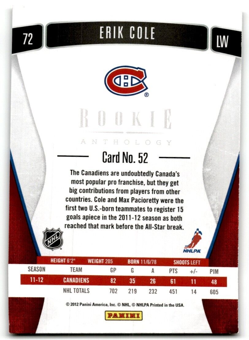 2011-12 Panini Rookie Anthology Erik Cole Montreal Canadiens #52