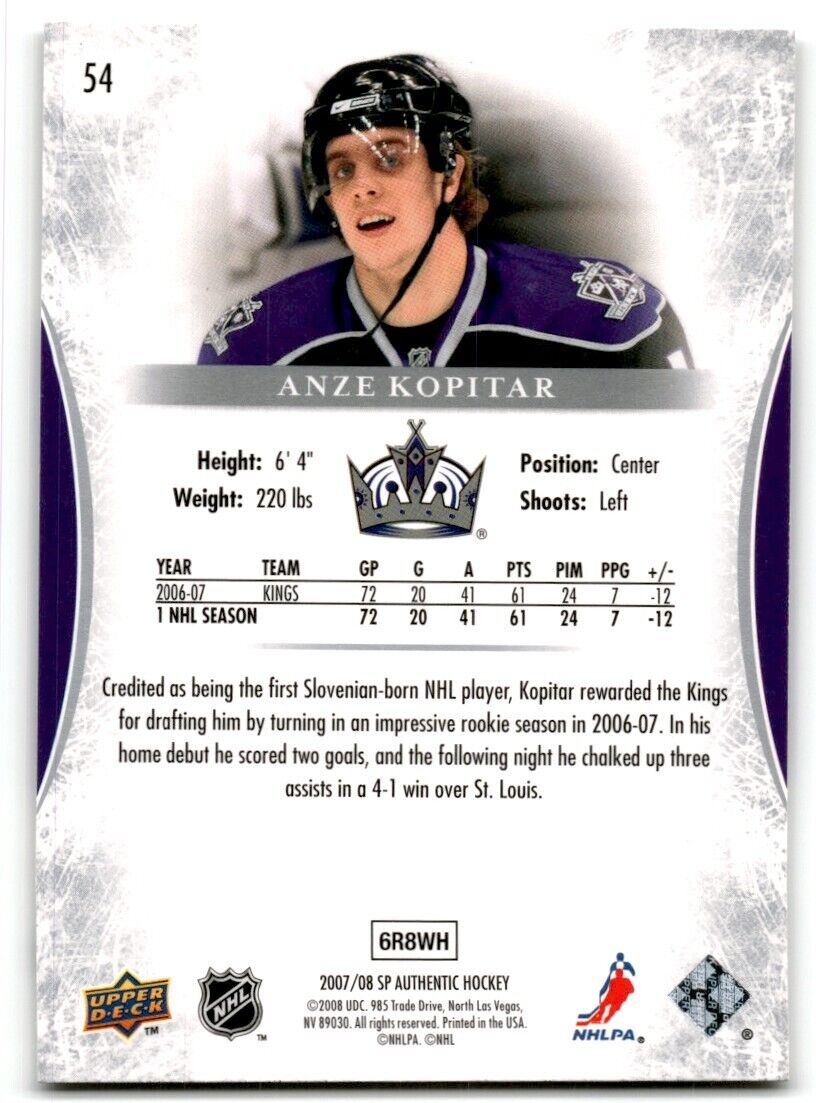 2007-08 SP Authentic Anze Kopitar Los Angeles Kings #54