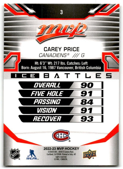 2022-23 Upper Deck MVP Ice Battles Carey Price Montreal Canadiens #3