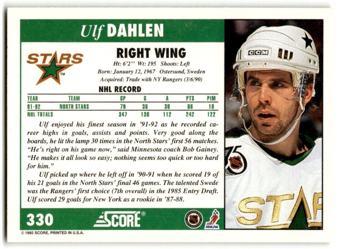 1992-93 Score Ulf Dahlen Minnesota North Stars #330