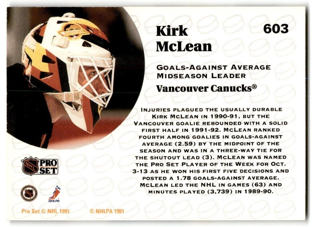 1991-92 Pro Set Kirk McLean Vancouver Canucks #603