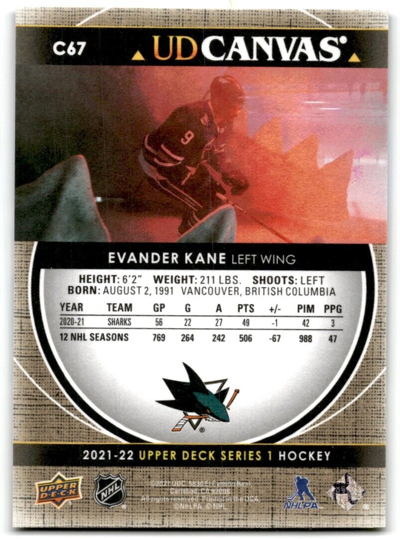 2021-22 Upper Deck UD Canvas Evander Kane San Jose Sharks #C67