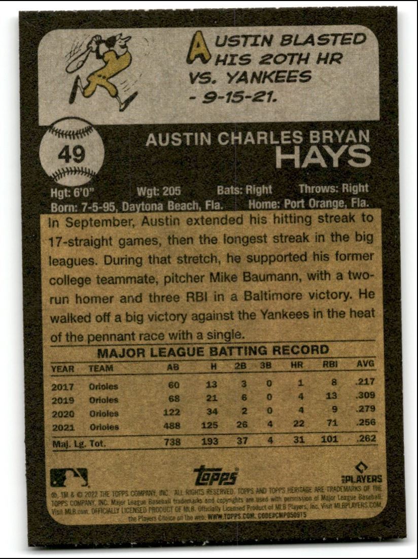 2022 Topps Heritage Austin Hays Baltimore Orioles #49