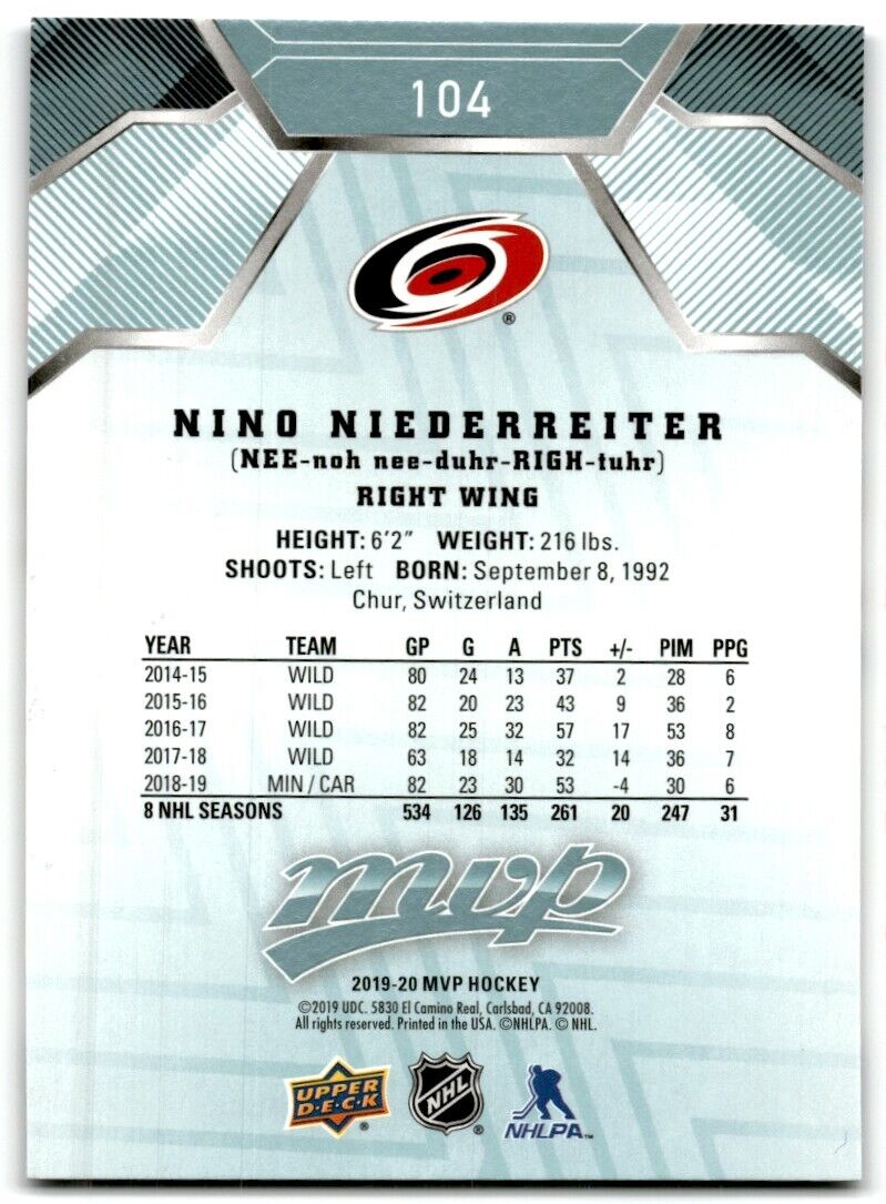 2019-20 Upper Deck MVP Nino Niederreiter Carolina Hurricanes #104