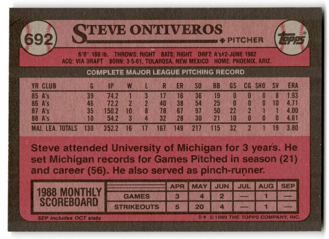 1989 Topps Steve Ontiveros Oakland Athletics #692