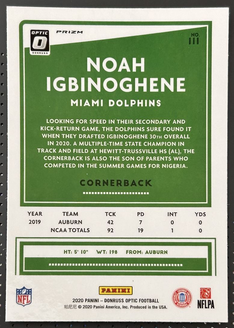 2020 Panini Donruss Optic blue Noah Igbinoghene Rookie Miami Dolphins #111