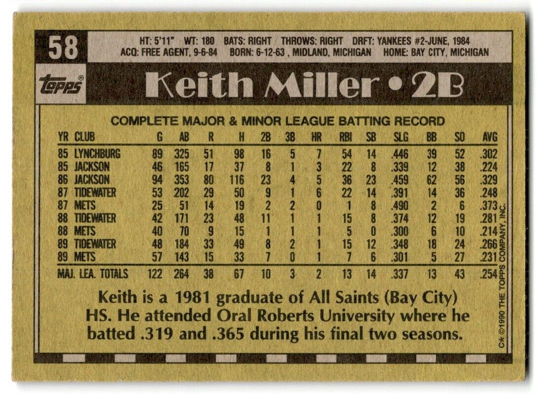 1990 Topps Keith Miller New York Mets #58