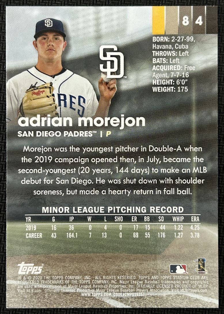 2020 Topps Stadium Club Adrian Morejon Rookie San Diego Padres #84