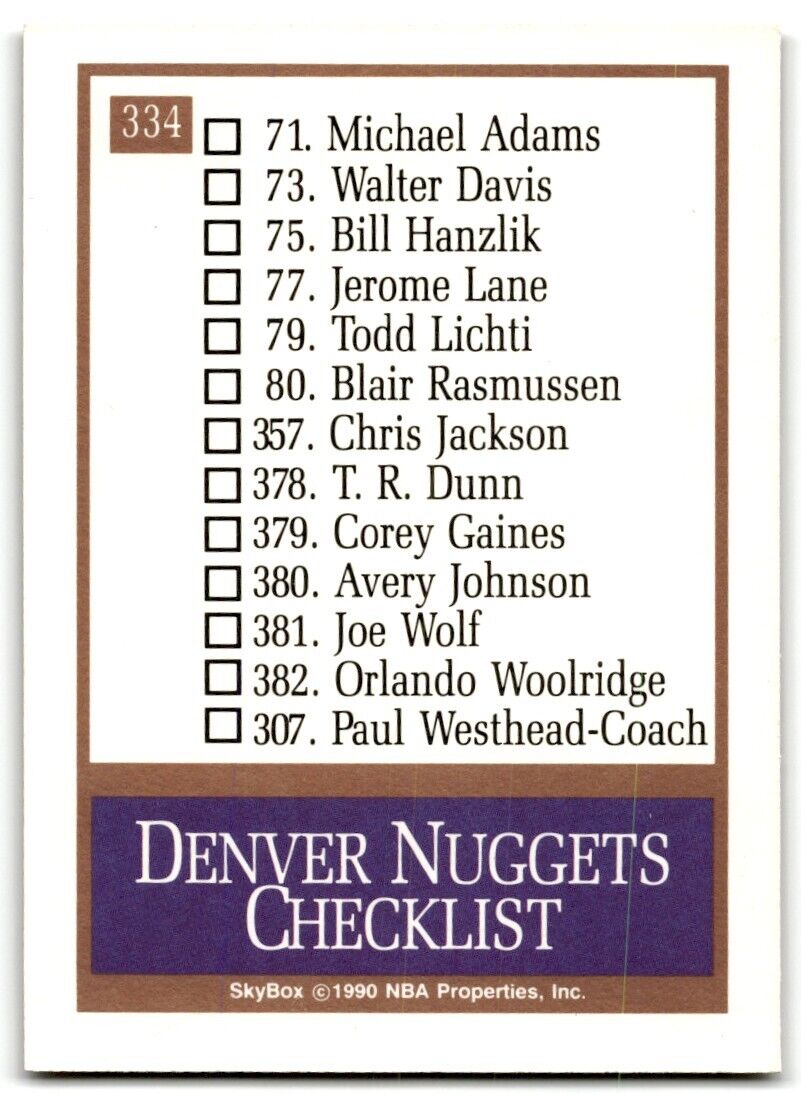 1990-91 SkyBox Denver Nuggets Denver Nuggets #334