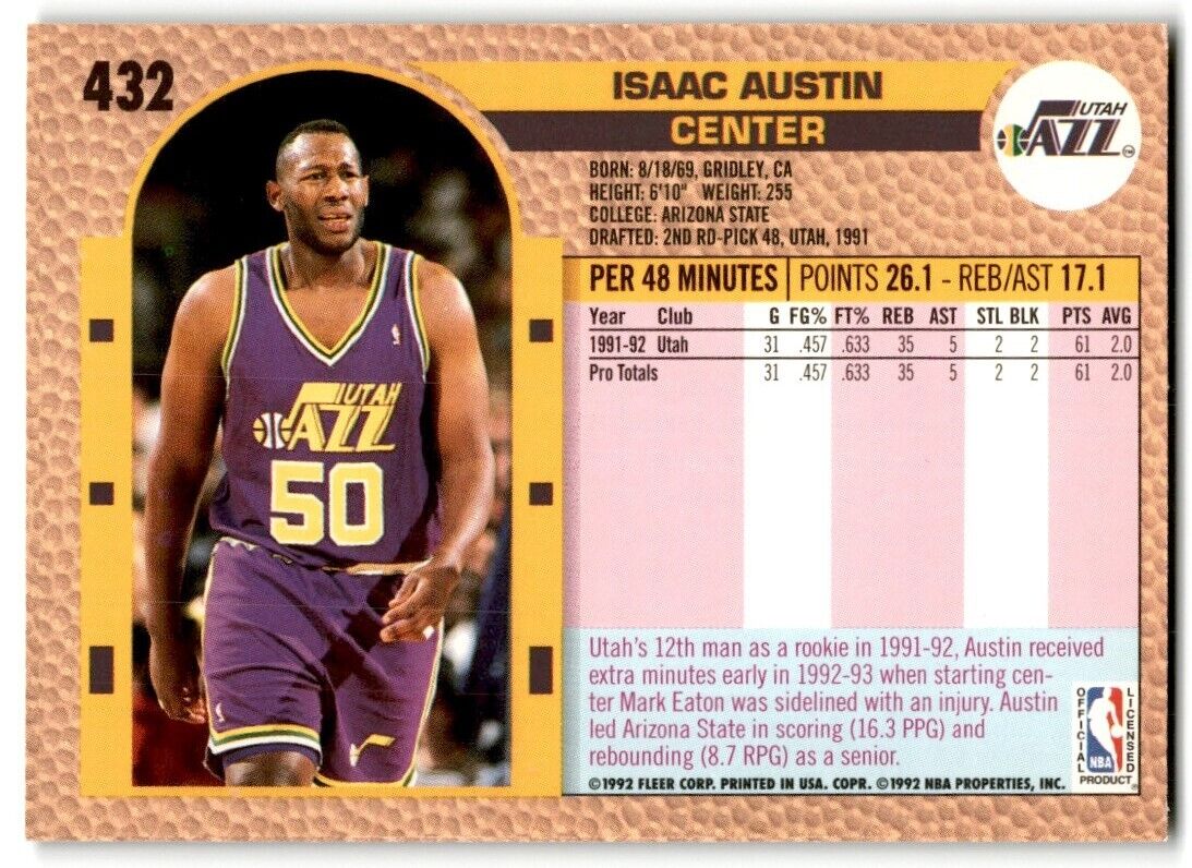 1992-93 Fleer Isaac Austin Rookie Utah Jazz #432