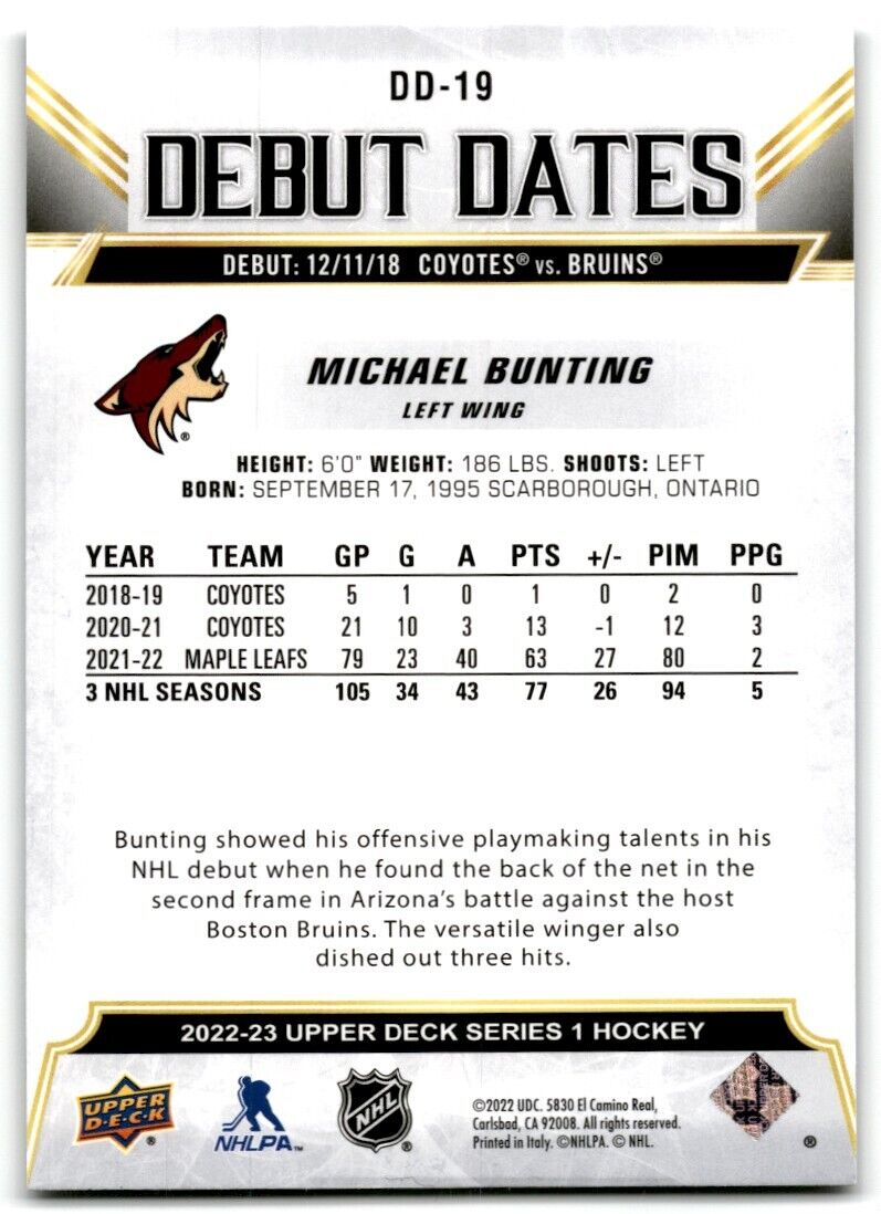 2022-23 Upper Deck Debut Dates Michael Bunting Arizona Coyotes #DD-19