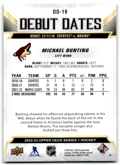 2022-23 Upper Deck Debut Dates Michael Bunting Arizona Coyotes #DD-19