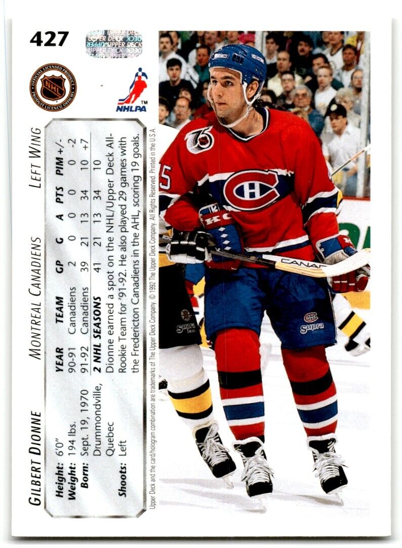 1992-93 Upper Deck Gilbert Dionne Montreal Canadiens #427