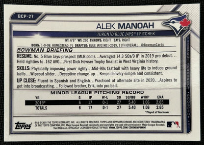 2021 Bowman Chrome Prospects Alek Manoah Toronto Blue Jays #BCP-27