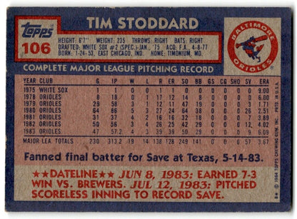 1984 Topps Tim Stoddard Baltimore Orioles #106