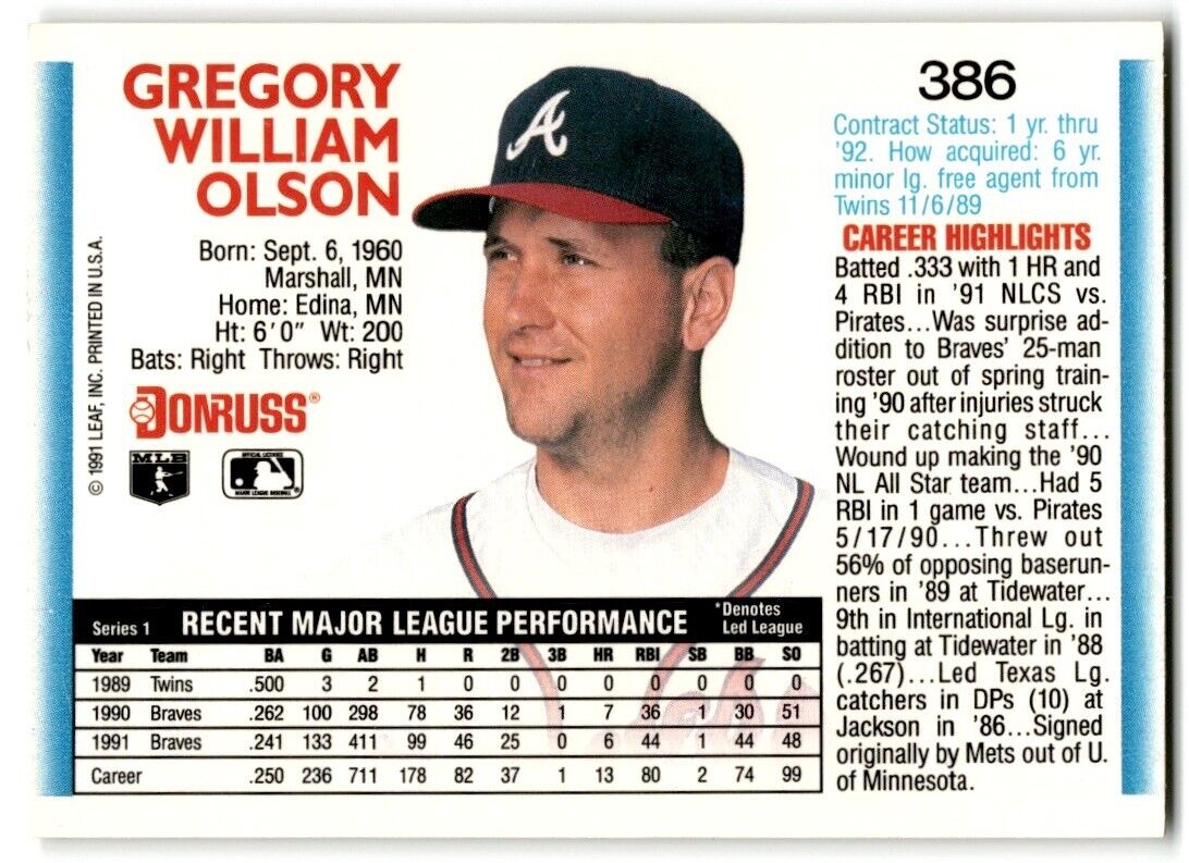 1992 Donruss Greg Olson Atlanta Braves #386