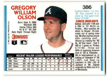 1992 Donruss Greg Olson Atlanta Braves #386