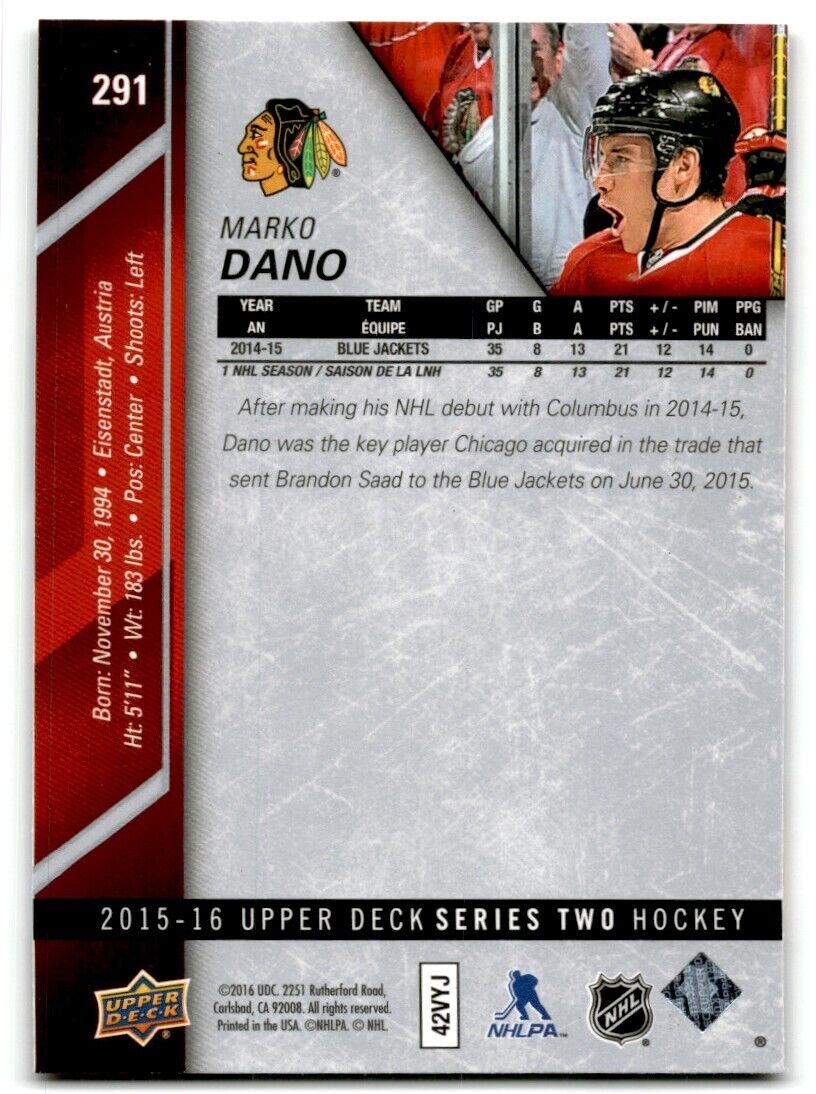 2015-16 Upper Deck Marko Dano Chicago Blackhawks #291