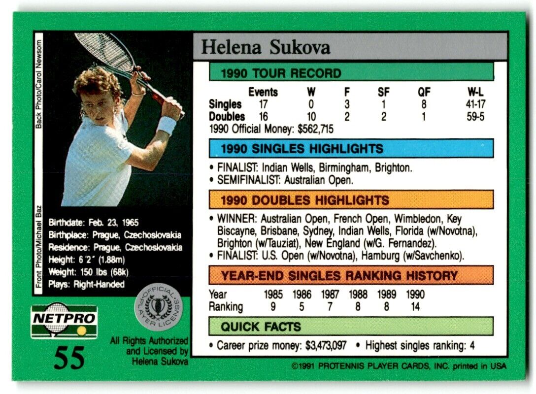 1991 Protennis player Cards Netpro Tour Star Helena Sukova #55