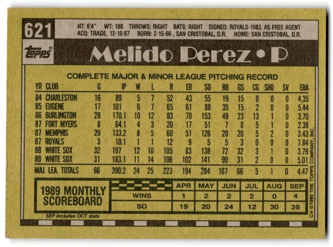 1990 Topps Melido Perez Chicago White Sox #621